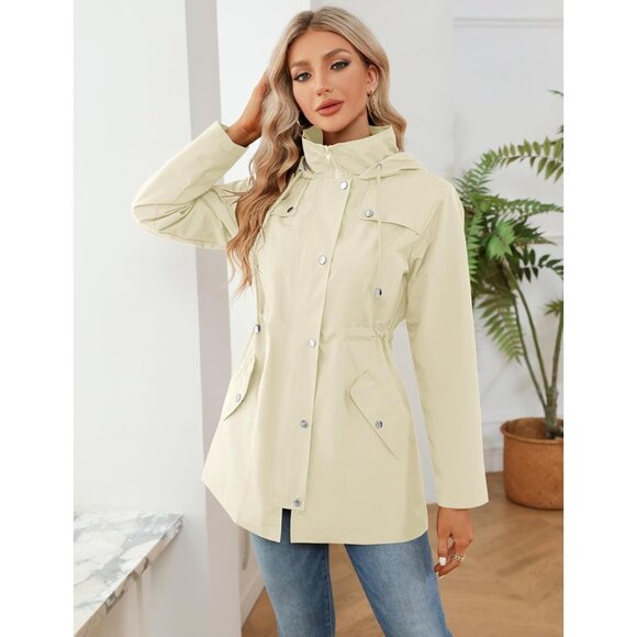 💫 Women Cream Waterproof Trench Coat Outdoor Hiking Lightweight Hooded Raincoat - Picture 3 of 5